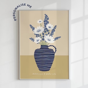 Customisable July Birth Flower Wall Art Print - Delphinium and Water Lily. Navy Blue & Cream, Mother's Day Gift, Personalised Baby Name  Art