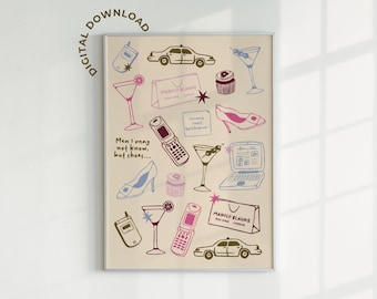 May include: Digital download art print featuring hand-drawn illustrations of high heels, cocktails, a laptop, a taxi, and a flip phone. The print includes the text "Men I may not know, but shoes..." and "Manolo Blahnik".