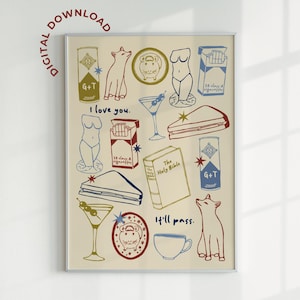 Puede incluir: Una impresión artística enmarcada con un fondo beige que presenta varias ilustraciones en rojo, azul y verde. Incluye un zorro, una copa de martini, un sándwich, un paquete de cigarrillos, un libro y los textos "I love you" y "It'll pass."