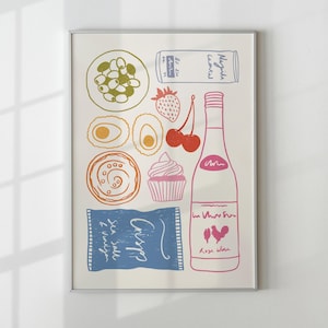 Könnte beinhalten: Ein gerahmter Druck mit farbenfrohen Illustrationen von Speisen und Getränken. Das Bild zeigt Oliven, Eier, Gebäck, eine Tüte Chips, eine Erdbeere, Kirschen, einen Cupcake, eine Flasche Roséwein und einen kleinen Behälter mit Mayonnaise.