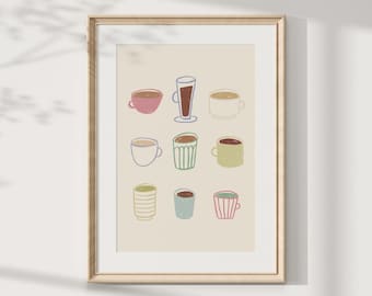 May include: A framed print showing nine different coffee cups and mugs in various colours and shapes. The artwork includes a pink cup, a tall glass, and several other mugs in shades of green, blue, and yellow, all set against a beige background.