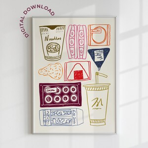 May include: A digital download print featuring a colorful illustration of various Japanese food items, including a cup of noodles, a sushi roll, a rice ball, a fried chicken wing, and a cup of iced tea. The illustration is drawn in a hand-drawn style with a variety of colors and textures.