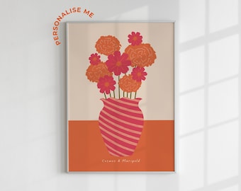 May include: A print of a vase with red and orange striped pattern filled with orange and red cosmos and marigold flowers. The text "Cosmos & Marigold" is at the bottom of the print.