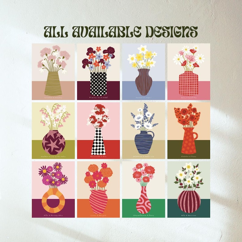 Graphic showing all available designs in this collection. There is a  colourful print for each month featuring birth flowers in a vase.