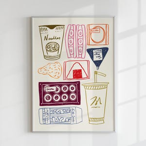 May include: A white background with a framed illustration of various food items, including a cup of noodles, a sushi roll, a cup of sashimi, a cup of ramen, a cup of rice, a cup of ice cream, and a cup of soda. The illustration is in a cartoon style with bright colors.