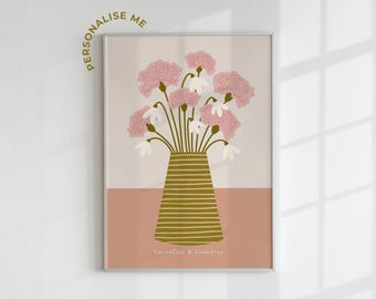 January Birth Flower Print – Carnation & Snowdrop, Personalized Name Art