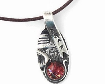 Silver Read Pendant, Red Dichroic Glass, Fine Silver, Oval, Bookshelf Texture, metal clay