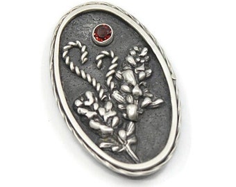 Oval Floral Brooch, Sterling Silver and Garnet