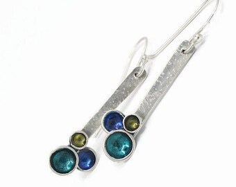 Linear Sterling Silver Earrings with Bubble Cluster in Blues and Greens