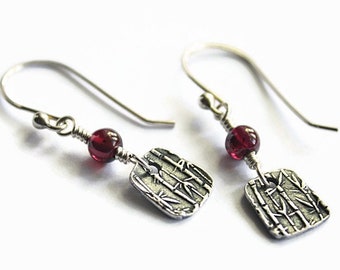 Garnet and Silver Earrings, Bamboo Texture, Trapezoids, Fine Silver metal clay