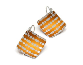 Orange Earrings, Anodized Aluminum Square Earrings, Beaded Curtain Pattern, Argentium Silver Earwires, Handmade