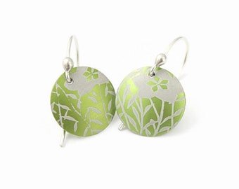 Lime Green Disc Earrings, Grass and Flowers Pattern, Anodized Aluminum, Argentium Silver Earwires, Handmade