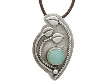 Silver and Aqua Chalcedony Pendant, Art Nouveau Inspired, silver metal clay