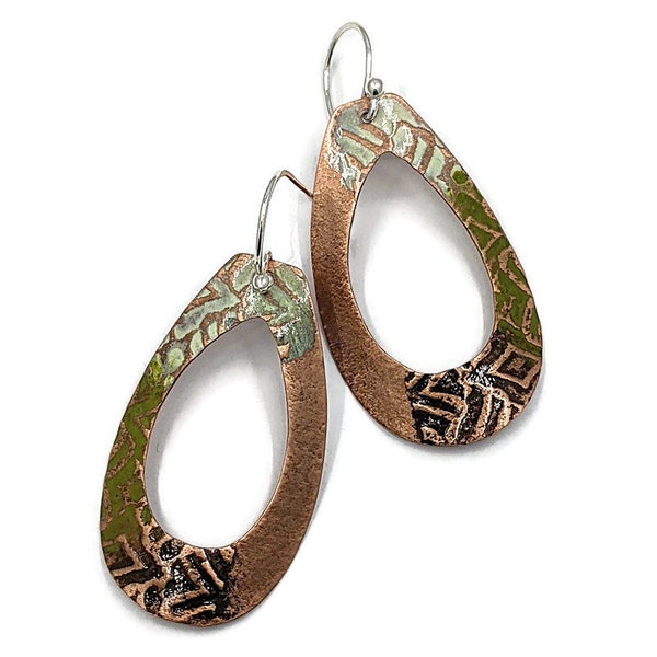 Brown and Green Curved Copper Open Teardrop Earrings