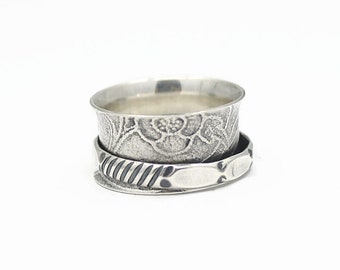 Silver Spinner Ring, Flower Texture on Band, Size 10