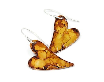 Yellow and Brown Copper Heart Earrings