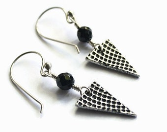 Onyx and Silver Earrings, Grid Texture, Triangles, Fine Silver metal clay