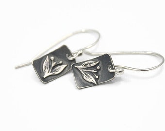 Sterling Silver Earrings, Leaves and Berries, Tiny Rectangles