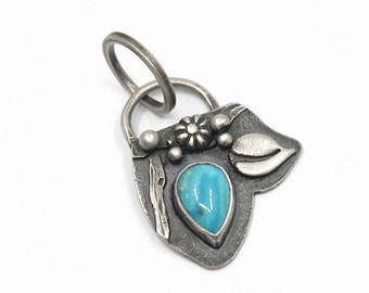 Silver and Turquoise Pendant, Oxidized Silver, metal clay