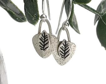 Petite Silver Earrings, Leaf on Rounded Triangle Dangle