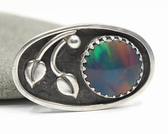 Oval Brooch, Sterling Silver and Aurora Opal, red blue green round opal