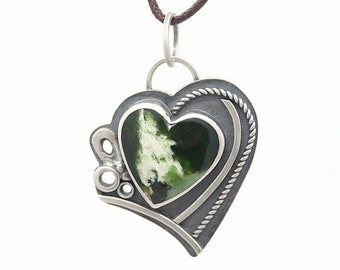 Silver Heart Pendant, Chrome Chalcedony, Oxidized Silver, metal clay