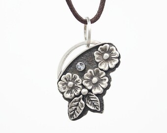 Silver Flowers and Leaves Pendant, Alexandrite (Lab Created), Oxidized Silver, metal clay