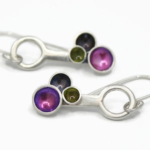 Linear Sterling Silver Earrings with Bubble Cluster, Purple and Green Colors
