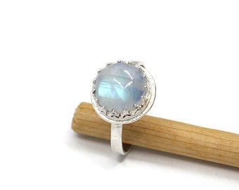 Rainbow Moonstone Silver Ring, Size 7