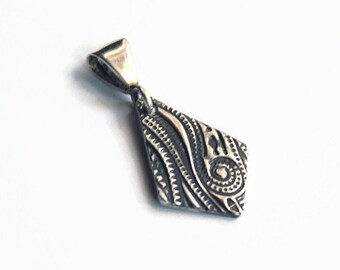 Silver Pendant, Curls and Swirling Lines, Sterling Silver, Upside-down Kite shape, metal clay, handmade