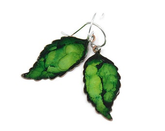 Green Copper Leaf Earrings