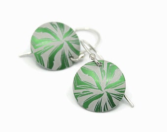 Green Earrings, Anodized Aluminum Disc Earrings, Stylized Pinwheel Pattern, Argentium Silver Earwires, Handmade