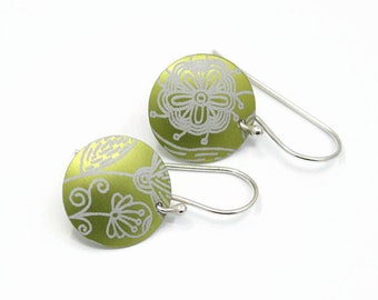 Lime Green Disc Earrings, Flowers and Leaves Pattern, Anodized Aluminum