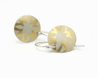 Gold and White Earrings, Aluminum Disc Earrings, Argentium Silver Earwires, Handmade