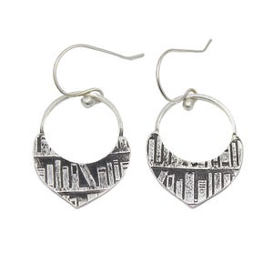 Bookshelf Earrings, Fine Silver Hoop with Curved Drop