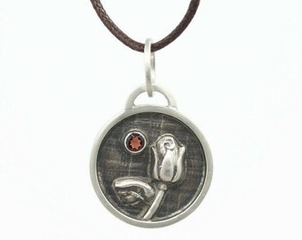 Silver and Garnet Pendant, Rosebud and Leaf, Oxidized Silver, metal clay