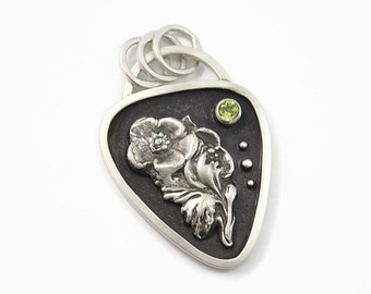 Silver and Peridot Pendant, Wild Rose, Oxidized Silver, metal clay