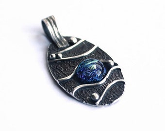 Silver Pendant, Blue and Purple Dichroic Glass, Fine Silver, Oval with Ripples and Pebbles, metal clay