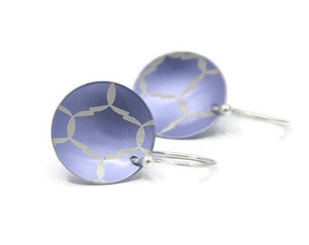 Lavender Earrings, Anodized Aluminum Disc Earrings, Chain Link Fence, Argentium Silver Earwires, Handmade