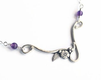 Silver and Amethyst Necklace, Leaf and Flower, metal clay