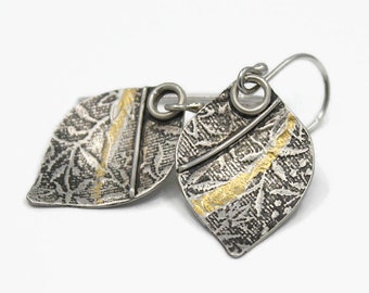 Sterling Silver Earrings, Floral pattern, Ornament shape,  24K gold keum boo