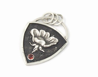 Silver and Garnet Pendant, Red Poppy, Oxidized Silver, metal clay