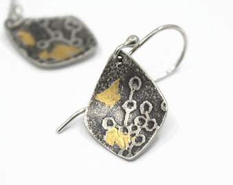 Sterling Silver Earrings, Pods and Butterflies, Elongated Diamond shape,  24K gold keum boo