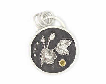 Silver and Citrine Pendant, Rose and Buds, Oxidized Silver, metal clay