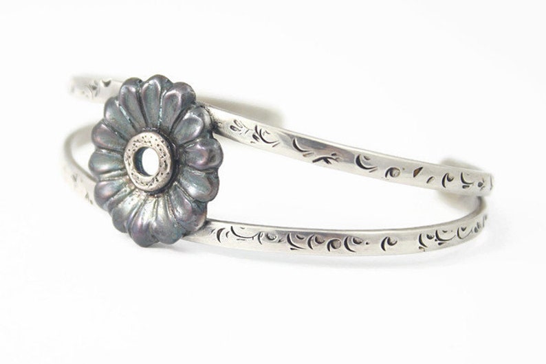 Silver Flower Cuff Bracelet Sterling Silver Etsy