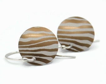 Brown Zebra Disc Earrings, Anodized Aluminum, Handmade Argentium Earwires