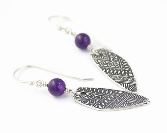 Fine Silver and Amethyst Earrings, Herringbone texture, Birdwing shape drops, silver metal clay