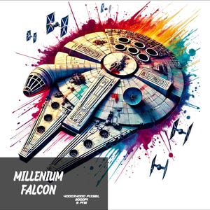 Könnte beinhalten: Eine farbenfrohe Aquarell-Illustration des Raumschiffs Millennium Falcon aus Star Wars. Das Raumschiff ist von Spritzern roter, orangefarbener, gelber, grüner, blauer und violetter Farbe umgeben.
