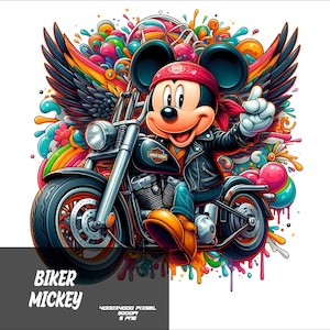 Op de afbeelding: Mickey Mouse, met een rode bandana en een zwart leren jack, rijdt op een zwarte motor met vleugels. De motor is omringd door kleurrijke abstracte vormen en verfspatten.
