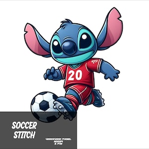 Könnte beinhalten: Eine blaue Comicfigur, die ein rotes Fußballtrikot mit der Nummer 20 trägt, tritt einen Fußball. Die Figur hat große Ohren und ein breites Lächeln. Der Text "SOCCER STITCH" befindet sich am unteren Rand des Bildes.